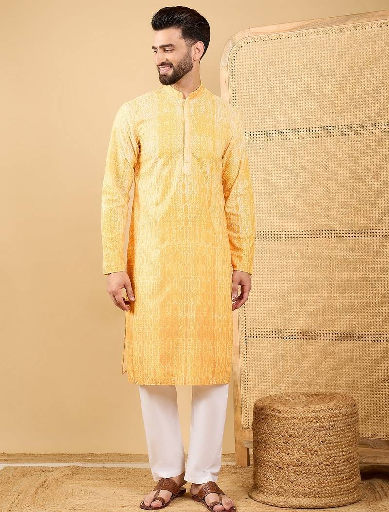 Men's yellow viscose rayon abstract embroidered straight chikankari kurta