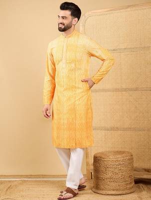 Men's yellow viscose rayon abstract embroidered straight chikankari kurta 3