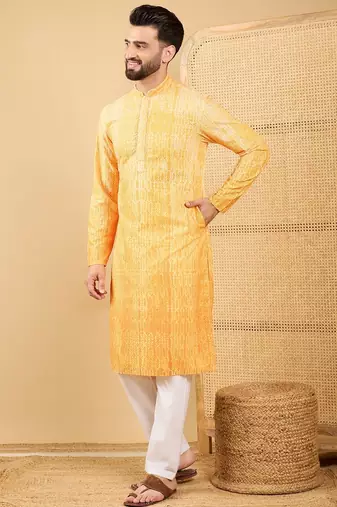 Men's yellow viscose rayon abstract embroidered straight chikankari kurta