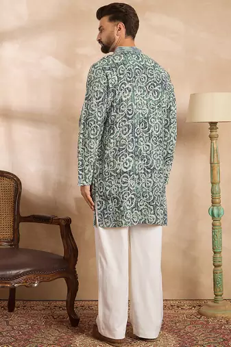 Men green viscose rayon batik embroidered straight kurta sets