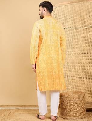 Men's yellow viscose rayon abstract embroidered straight chikankari kurta 4