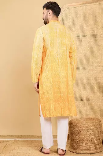 Men's yellow viscose rayon abstract embroidered straight chikankari kurta