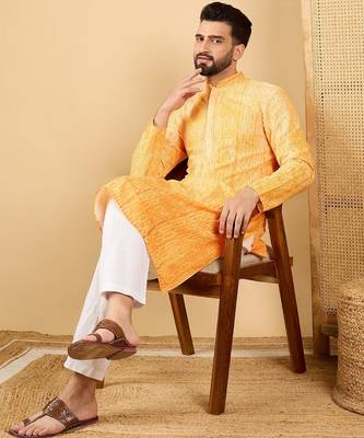 Men's yellow viscose rayon abstract embroidered straight chikankari kurta 5