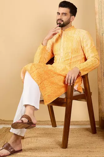 Men's yellow viscose rayon abstract embroidered straight chikankari kurta