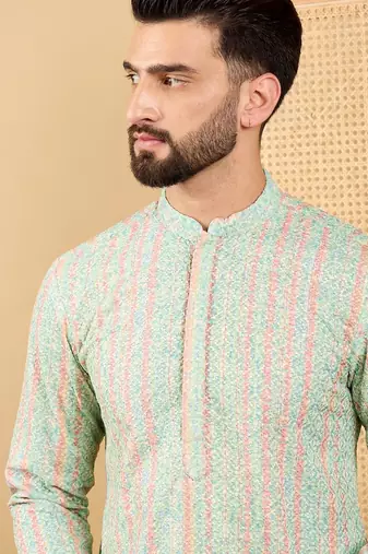 Men's green viscose rayon striped embroidered straight chikankari kurta