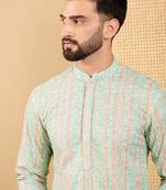 Men's green viscose rayon striped embroidered straight chikankari kurta