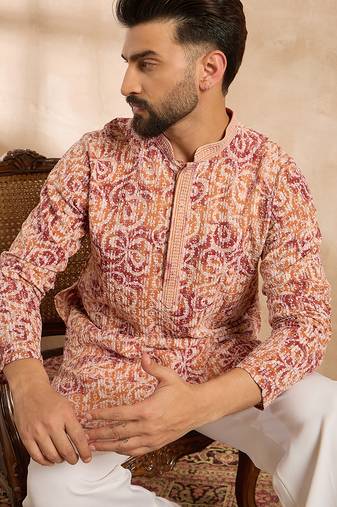 Men orange viscose rayon batik embroidered straight kurta sets