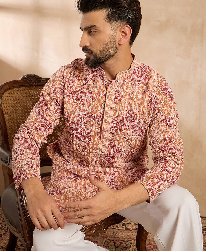Men orange viscose rayon batik embroidered straight kurta sets