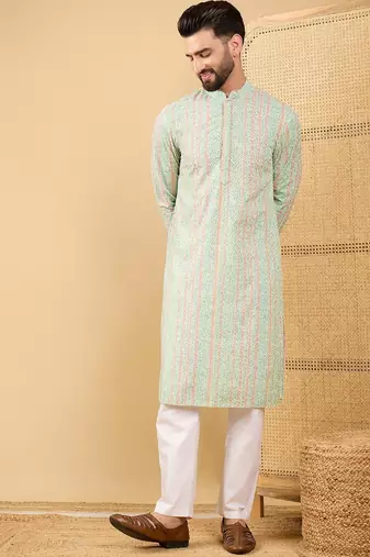Men's green viscose rayon striped embroidered straight chikankari kurta
