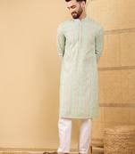 Men's green viscose rayon striped embroidered straight chikankari kurta