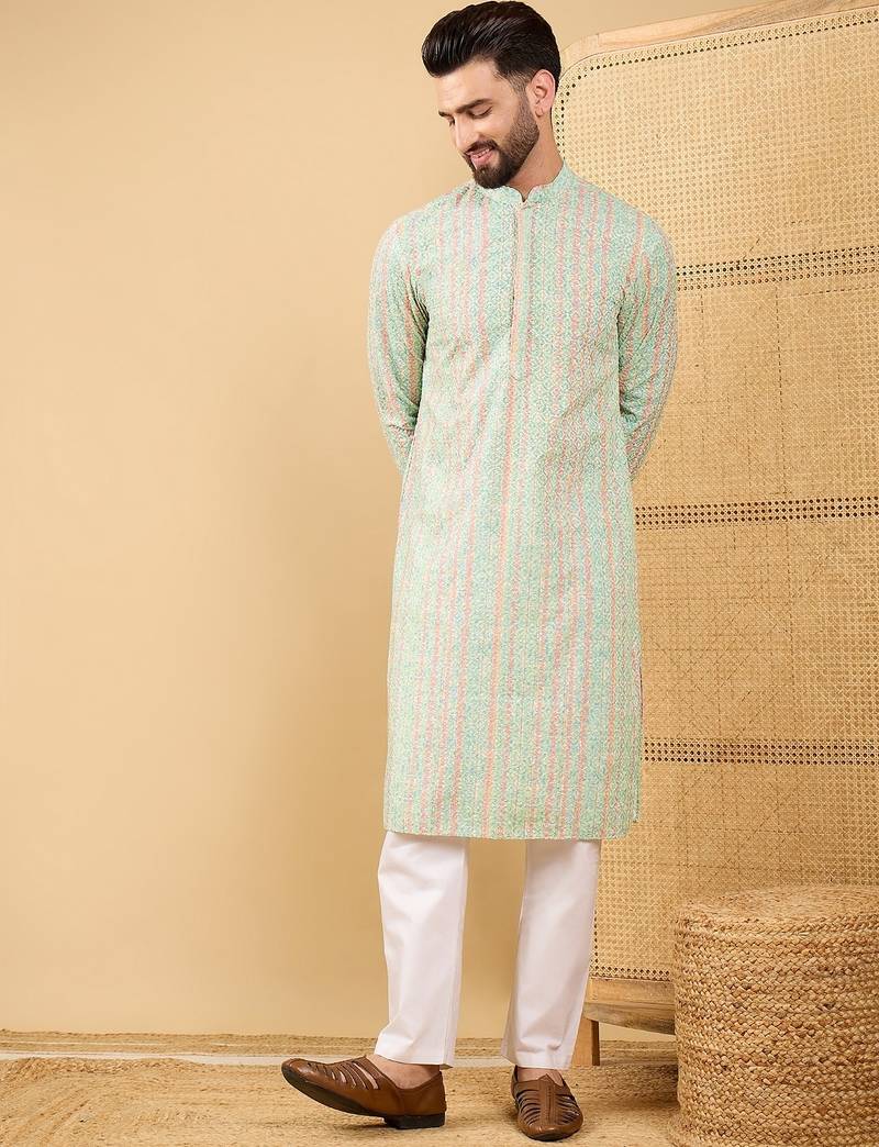 Men's green viscose rayon striped embroidered straight chikankari kurta