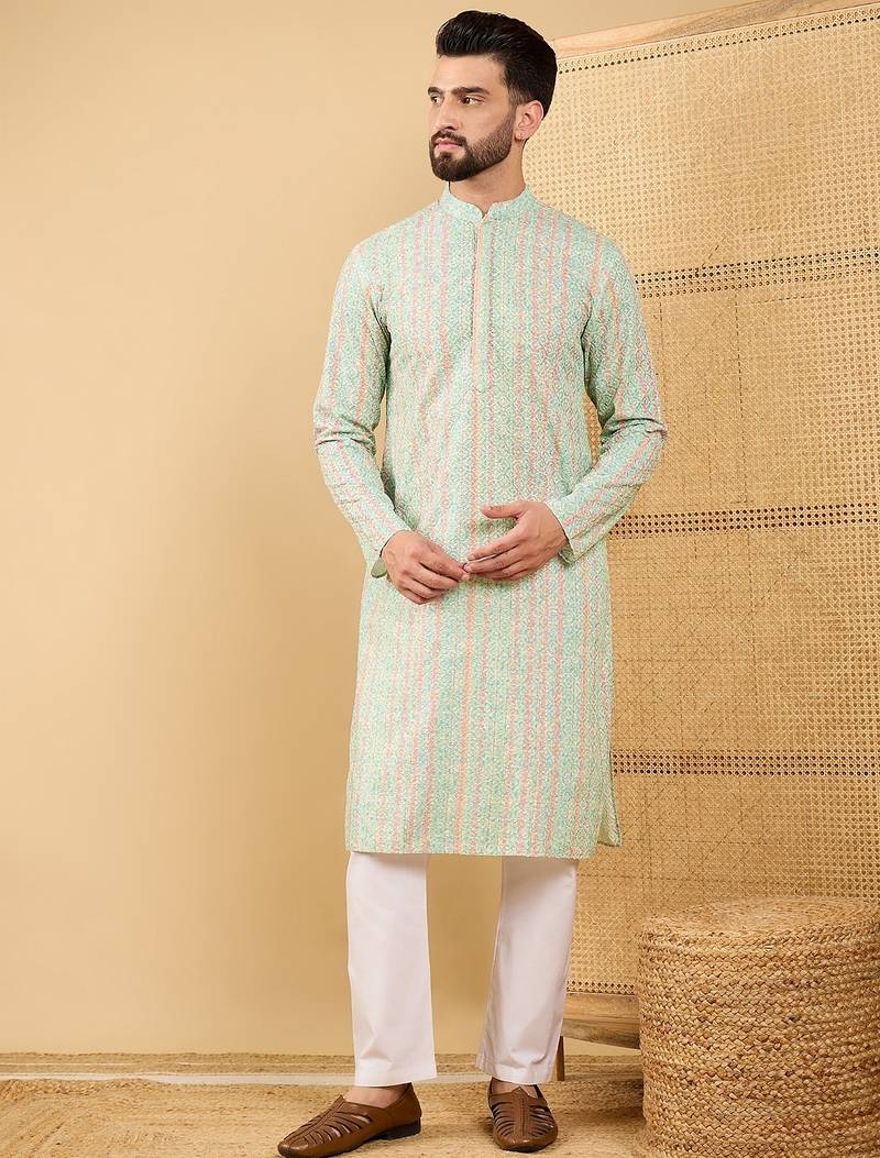 Men's green viscose rayon striped embroidered straight chikankari kurta