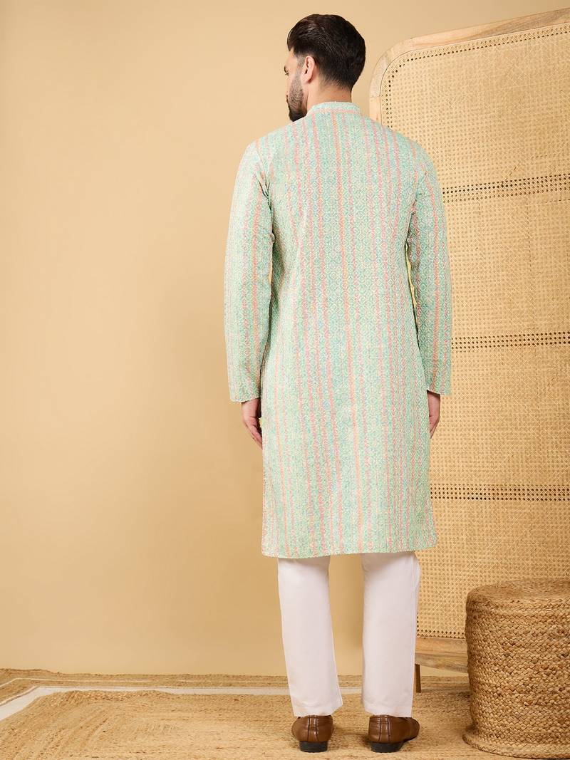 Men's green viscose rayon striped embroidered straight chikankari kurta