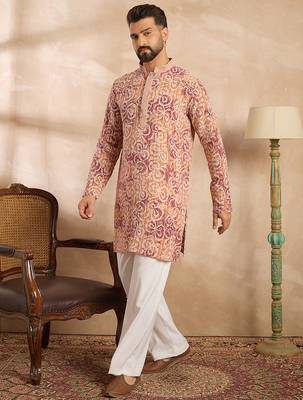 Men orange viscose rayon batik embroidered straight kurta sets 3