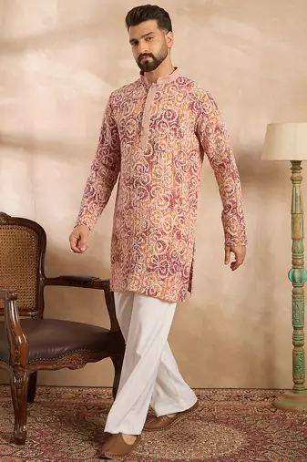 Men orange viscose rayon batik embroidered straight kurta sets