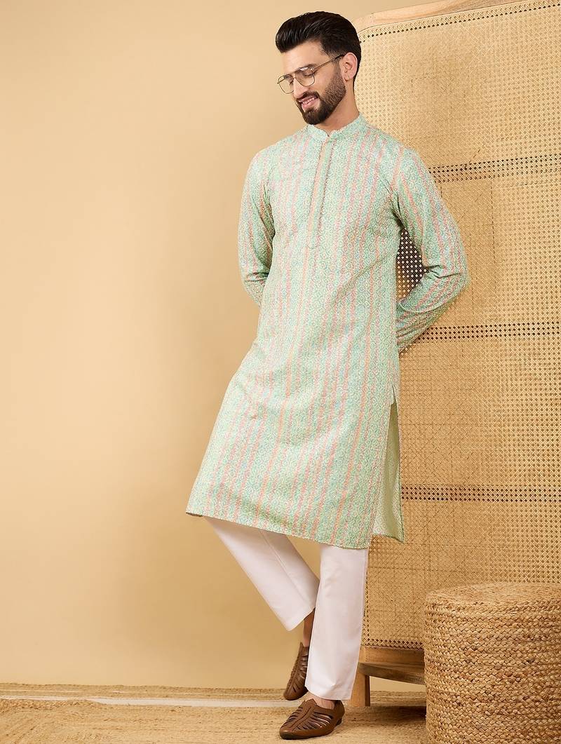 Men's green viscose rayon striped embroidered straight chikankari kurta