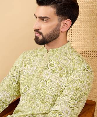 Men's olive viscose rayon geometric embroidered straight chikankari kurta 1