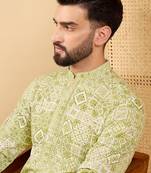 Men's olive viscose rayon geometric embroidered straight chikankari kurta