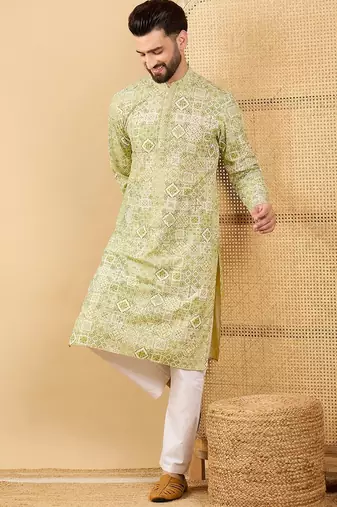 Men's olive viscose rayon geometric embroidered straight chikankari kurta