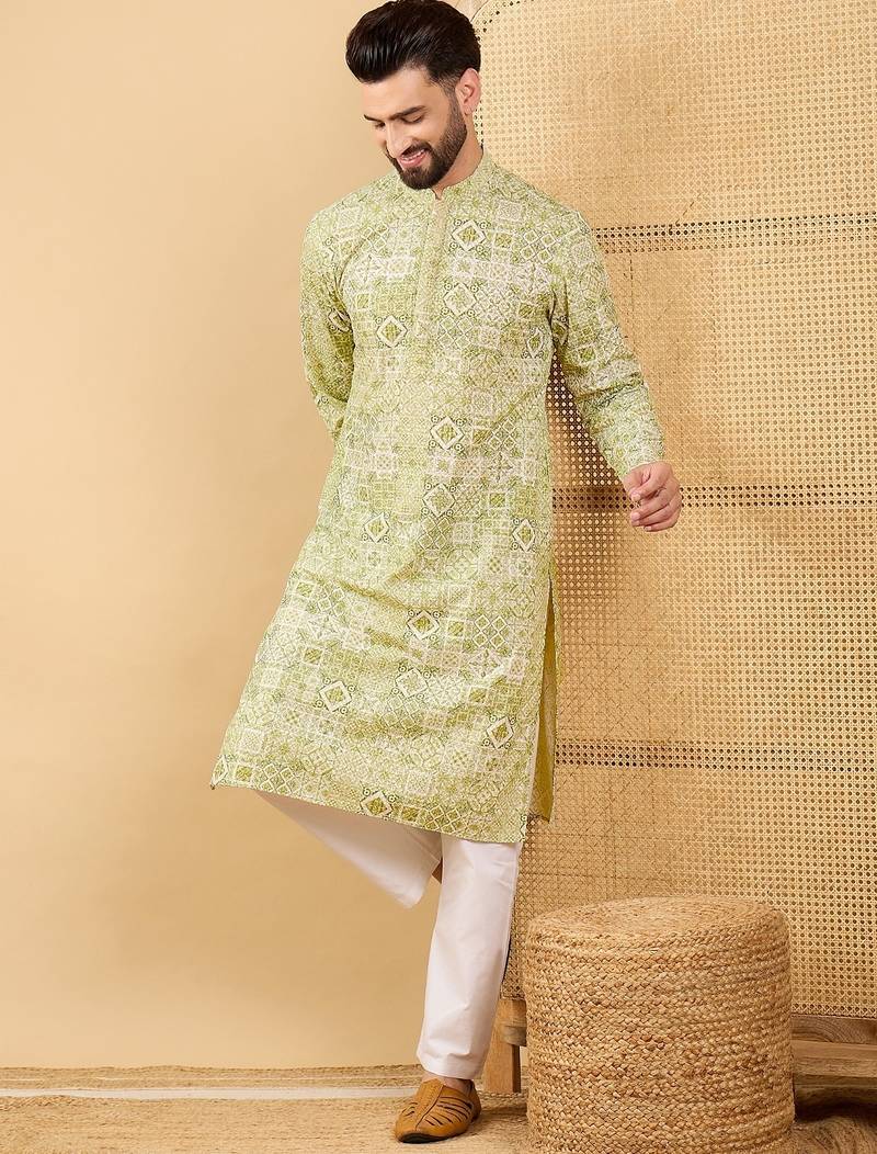 Men's olive viscose rayon geometric embroidered straight chikankari kurta