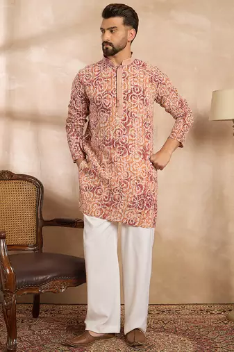Men orange viscose rayon batik embroidered straight kurta sets