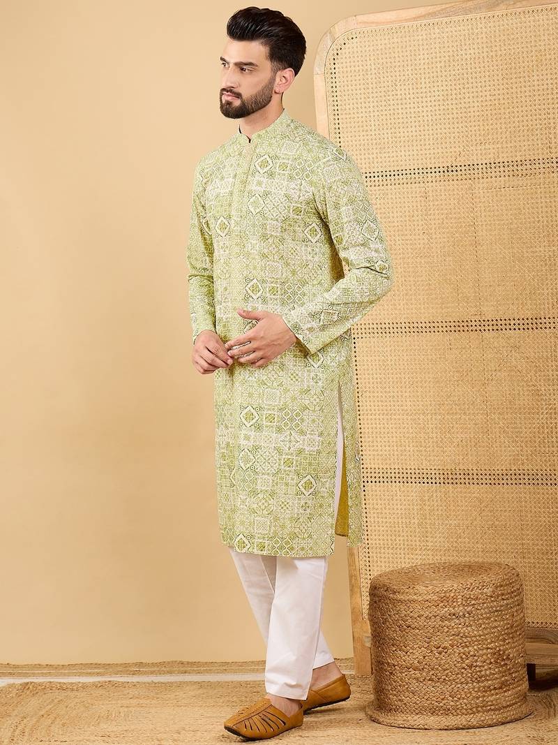 Men's olive viscose rayon geometric embroidered straight chikankari kurta