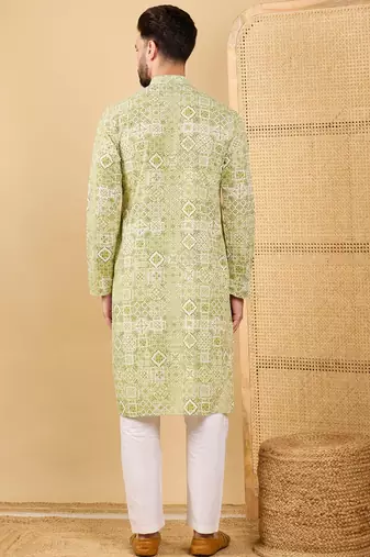 Men's olive viscose rayon geometric embroidered straight chikankari kurta