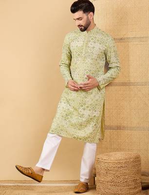 Men's olive viscose rayon geometric embroidered straight chikankari kurta 5
