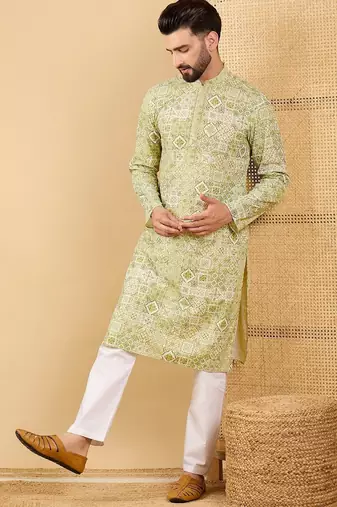 Men's olive viscose rayon geometric embroidered straight chikankari kurta