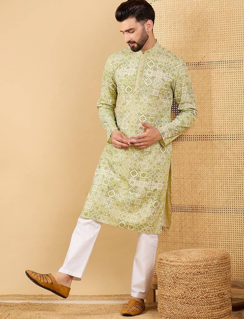 Men's olive viscose rayon geometric embroidered straight chikankari kurta