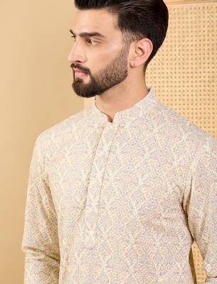 Men's cream viscose rayon floral embroidered straight chikankari kurta 2