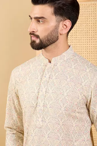 Men's cream viscose rayon floral embroidered straight chikankari kurta
