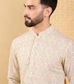 Men's cream viscose rayon floral embroidered straight chikankari kurta