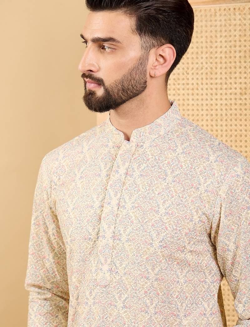 Men's cream viscose rayon floral embroidered straight chikankari kurta