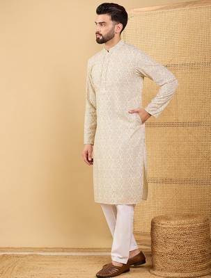 Men's cream viscose rayon floral embroidered straight chikankari kurta 3