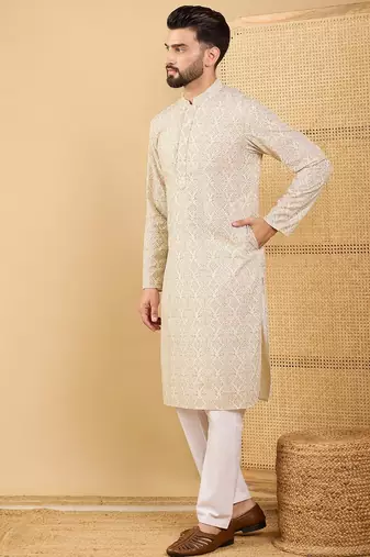 Men's cream viscose rayon floral embroidered straight chikankari kurta