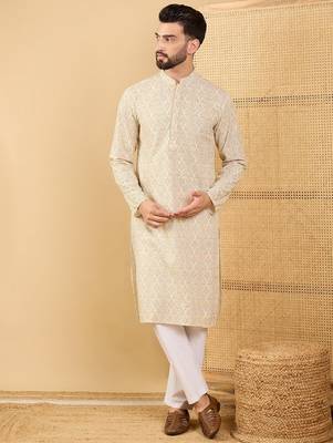 Men's cream viscose rayon floral embroidered straight chikankari kurta 1