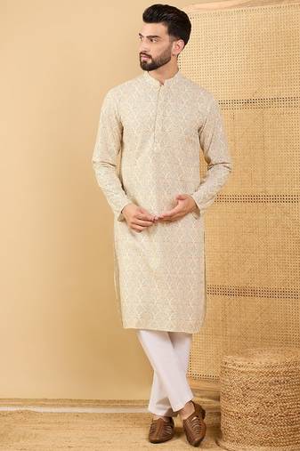 Men's cream viscose rayon floral embroidered straight chikankari kurta