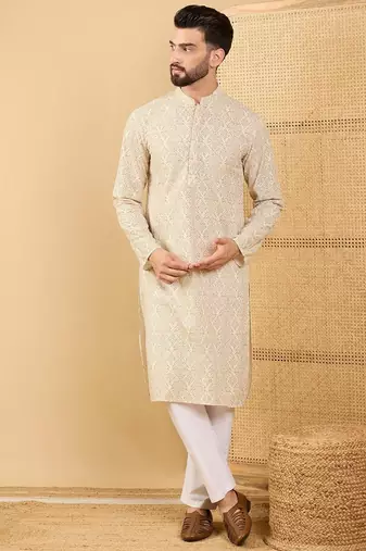 Men's cream viscose rayon floral embroidered straight chikankari kurta