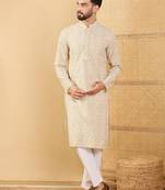 Men's cream viscose rayon floral embroidered straight chikankari kurta