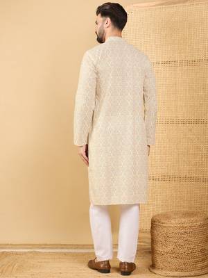 Men's cream viscose rayon floral embroidered straight chikankari kurta 4