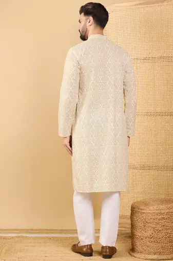 Men's cream viscose rayon floral embroidered straight chikankari kurta