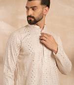 Men blue silk blend ombre embroidered straight kurta sets