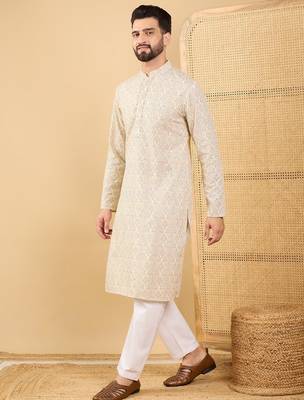Men's cream viscose rayon floral embroidered straight chikankari kurta 5