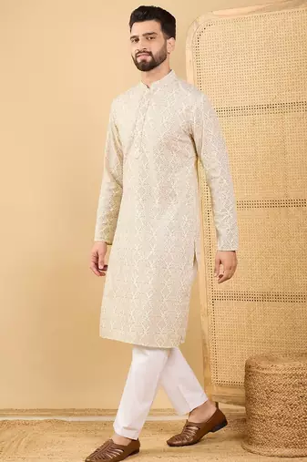 Men's cream viscose rayon floral embroidered straight chikankari kurta