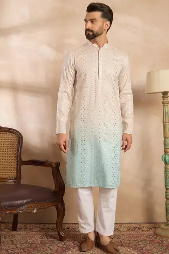Men blue silk blend ombre embroidered straight kurta sets