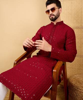 Men's maroon viscose rayon solid embroidered straight chikankari kurta 1