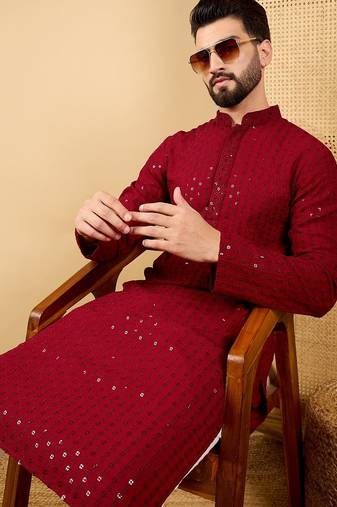 Men's maroon viscose rayon solid embroidered straight chikankari kurta