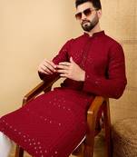 Men's maroon viscose rayon solid embroidered straight chikankari kurta