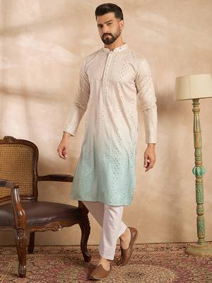 Men blue silk blend ombre embroidered straight kurta sets 3